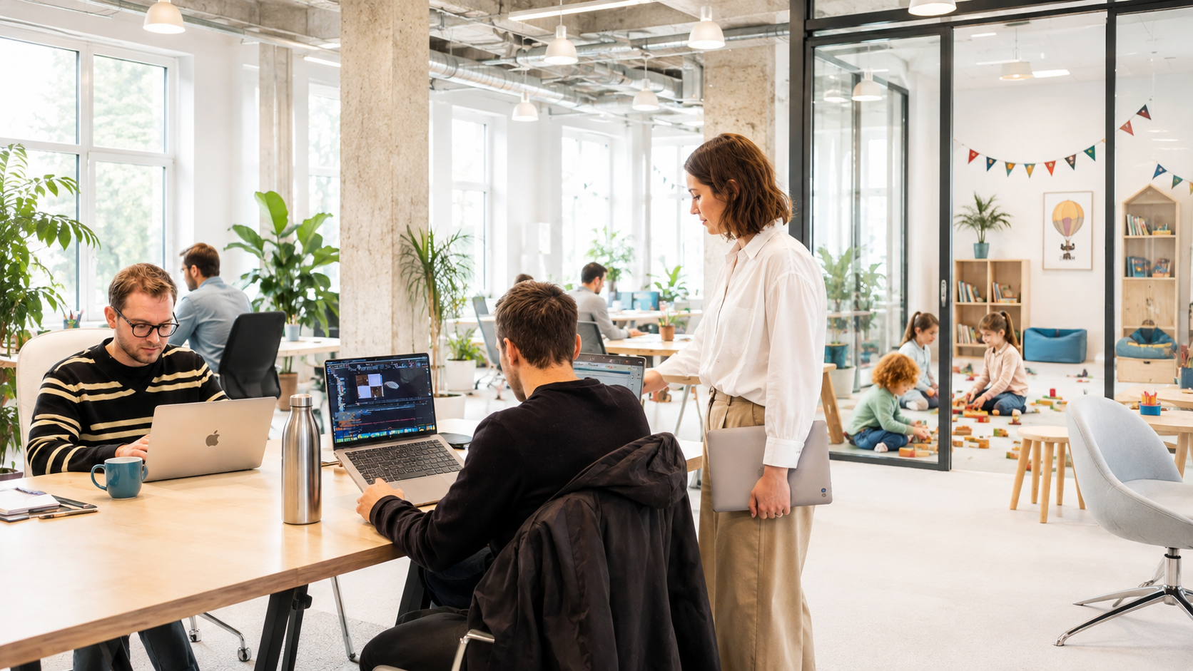 Menschen arbeiten am Laptop an gemeinsamen Tischen in einem hellen, industriellen Coworking-Space, während im angrenzenden, durch eine Glaswand getrennten Bereich mehrere Kinder am Boden mit Bauklötzen spielen.